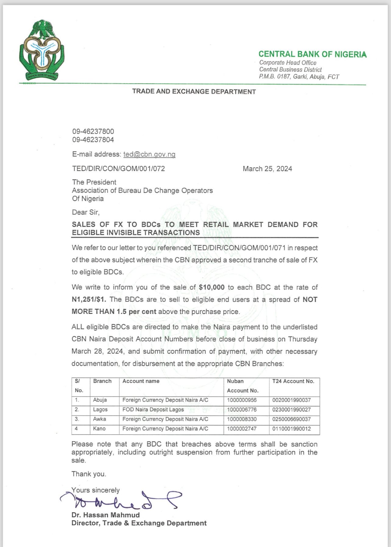 CBN Slashes BDC