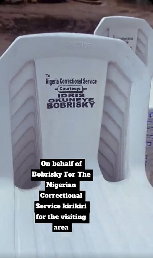 Controversial social media personality Bobrisky has made headlines once again, this time for donating sets of chairs. Videos circulating online reveal that chairs bearing Bobrisky's name have been donated to Kirikiri  Prison, where he is currently serving a jail term.